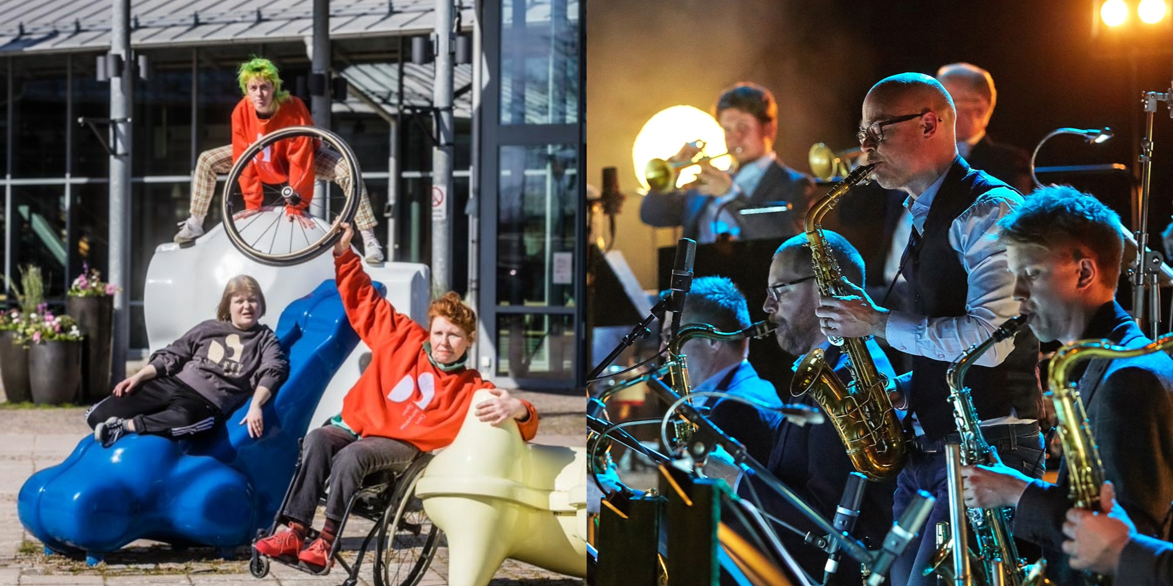 Kollage med bilder på Danskompaniet Spinn i färgglada tröjor och Bohuslän Big Band som spelar musik.